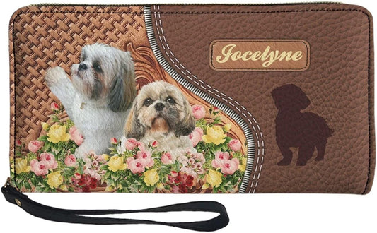 HOTTuoxiukan Personalized Wallets for Women Floral Shih Tzu Wallet Purse with Wristlet Custom Name Wallets Zipper Clutch Card Organizer Cash Coin Pouch Handbags for Mom Pu Leather Phone Case