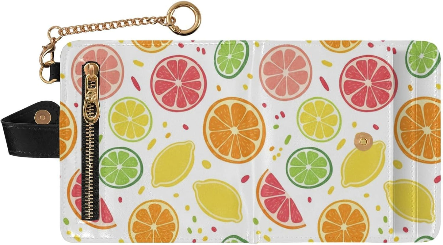 HOTDOMIKING White Fruits Orange Print Small Women Wallet Bifold RFID Blocking Leather Compact Card Holder with Coin Pocket Zipper Purse for Women Ladies Girls