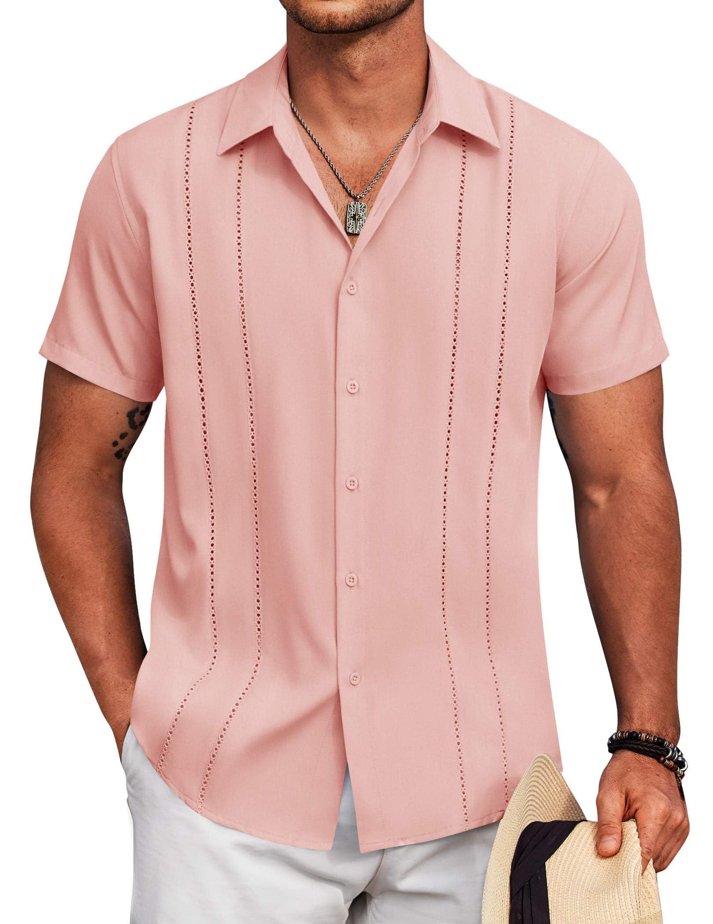 HOTCOOFANDY Mens Cuban Guayabera Shirt Short Sleeve Button Down Shirts Summer Beach Vacation Shirts