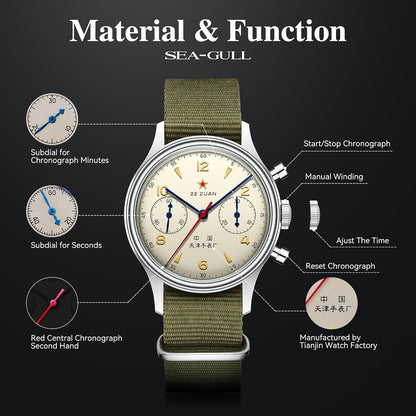 HOTSEA-GULL Men's Mechanical Wristwatch, Seagull 1963 Aviation Chronograph Pilot Mechanical Watch, Manual Winding, GD 1963 International Edition, ST1901