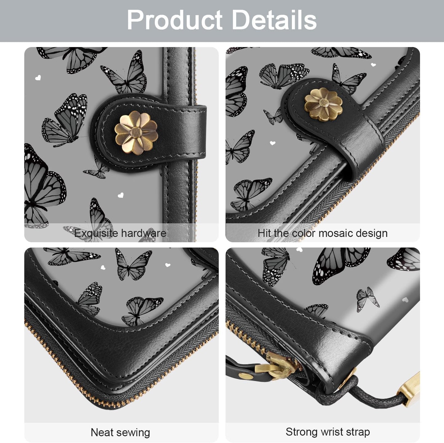 HOTCoco Rossi Black Butterfly Wallet for Women Large Capacity Card Holder Wristlet