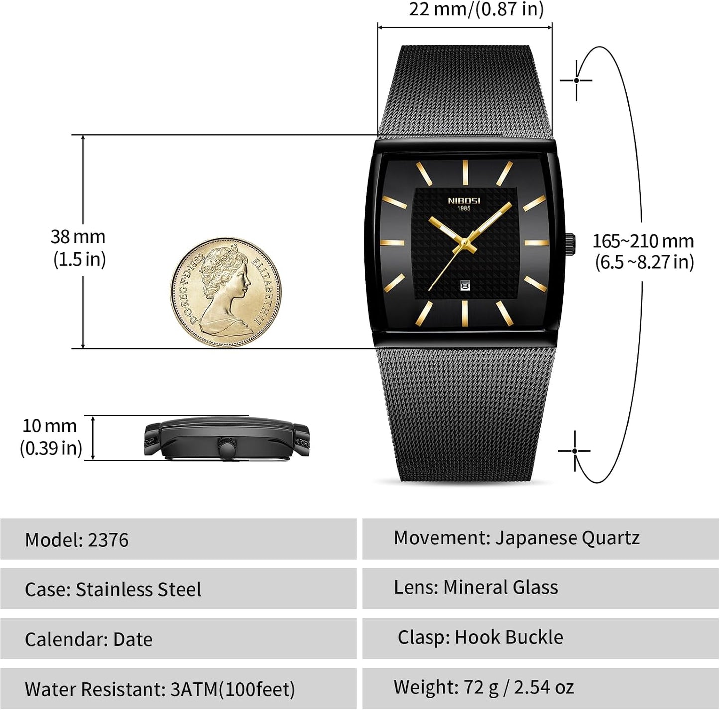 HOTNIBOSI Men Watches Square Analog Quartz Stainless Steel Watches for Men Mesh Strap Waterproof Business Military Sport Wrist Watch with Date