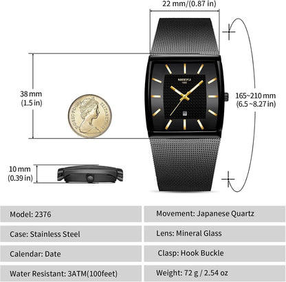 HOTNIBOSI Men Watches Square Analog Quartz Stainless Steel Watches for Men Mesh Strap Waterproof Business Military Sport Wrist Watch with Date