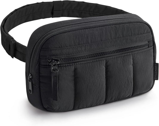 HOTBAGSMART Fanny Packs for Women Cross Body, Quilted Puffy Belt Bag with Pockets, Fashion Waist Packs for Traveling Hiking Black