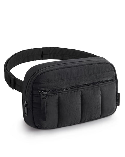 HOTBAGSMART Fanny Packs for Women Cross Body, Quilted Puffy Belt Bag with Pockets, Fashion Waist Packs for Traveling Hiking Black