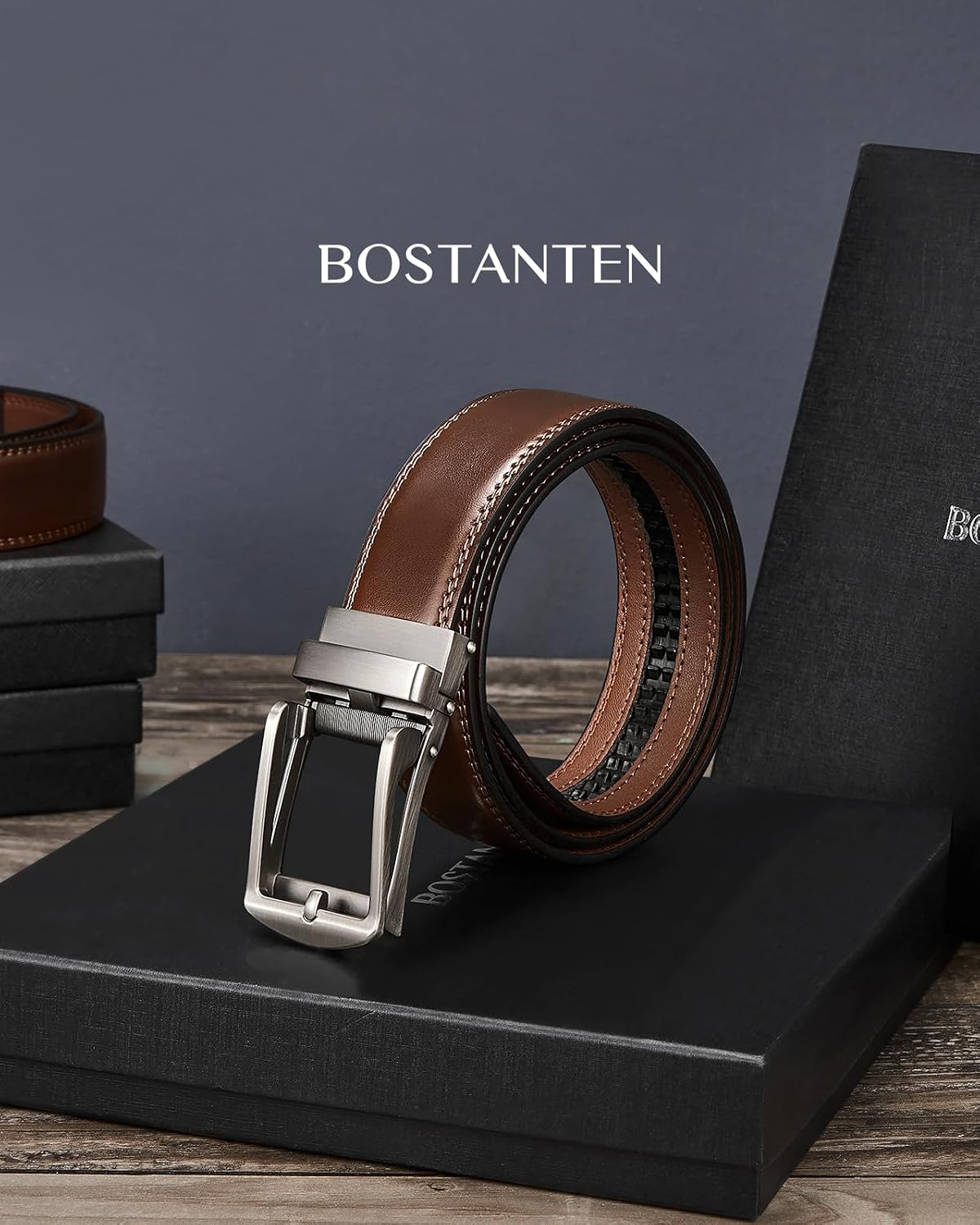 HOTBOSTANTEN Mens Belt Leather Ratchet 1 3/8'' Belt For Men Gift Dress and Casual with Adjustable Buckle, Trim to Fit