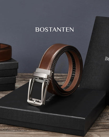 HOTBOSTANTEN Mens Belt Leather Ratchet 1 3/8'' Belt For Men Gift Dress and Casual with Adjustable Buckle, Trim to Fit