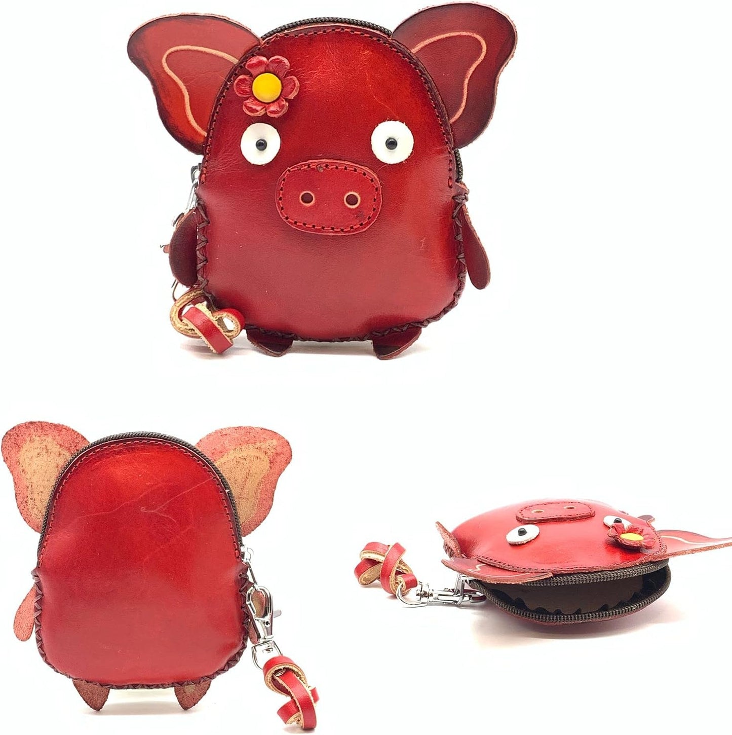 HOTVintage Genuine Leather 3D Animal Pig Coin Purse with keyring & Removable wrist strap (Red)