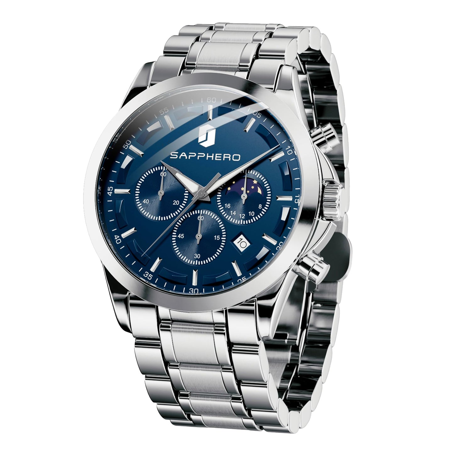 HOTSAPPHERO Chronograph Watches for Men, Original Business Casual Stainless Steel Analog Watch 50M Waterproof Luminous Watches with Date Dial, Mens Gift