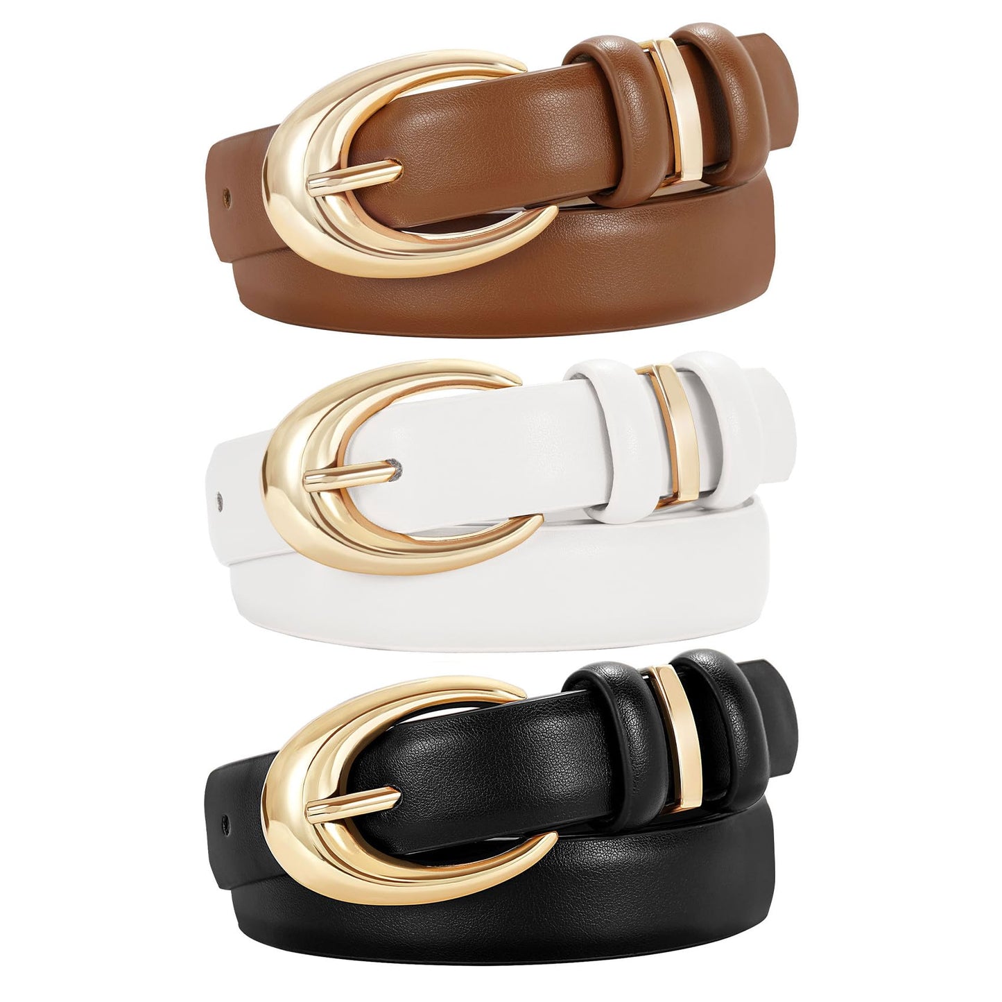 HOTTRIWORKS 3 Pack Women Leather Belt for Jeans Pants Fashion Ladies Faux Leather Belt with Gold Buckle