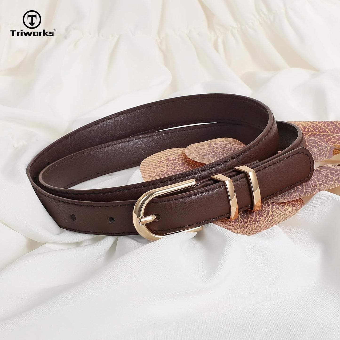 HOTTRIWORKS 2 Pack Women Skinny Leather Belts for Jeans Pants Thin Faux Leather Belt with Gold Buckle