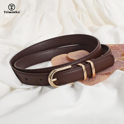 HOTTRIWORKS 2 Pack Women Skinny Leather Belts for Jeans Pants Thin Faux Leather Belt with Gold Buckle