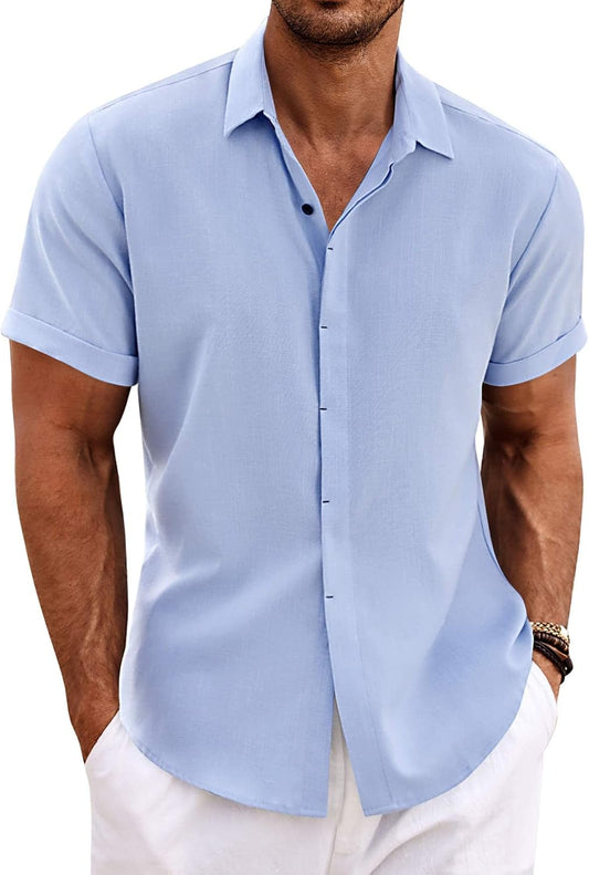 HOTCOOFANDY Men's Linen Shirts Short Sleeve Casual Shirts Button Down Shirt for Men Beach Summer Wedding Shirt