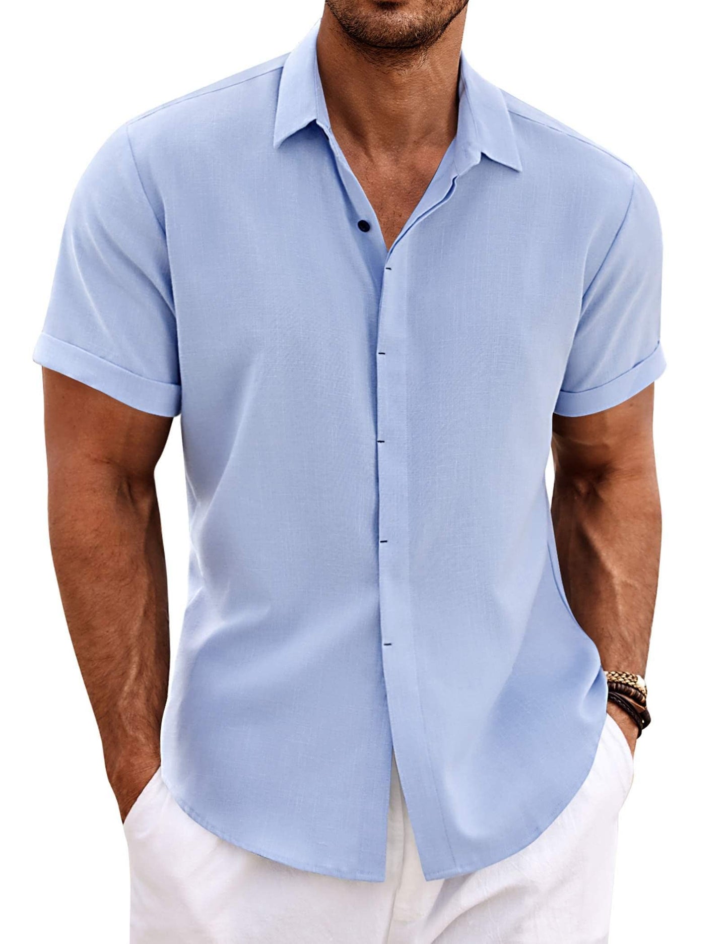 HOTCOOFANDY Men's Linen Shirts Short Sleeve Casual Shirts Button Down Shirt for Men Beach Summer Wedding Shirt