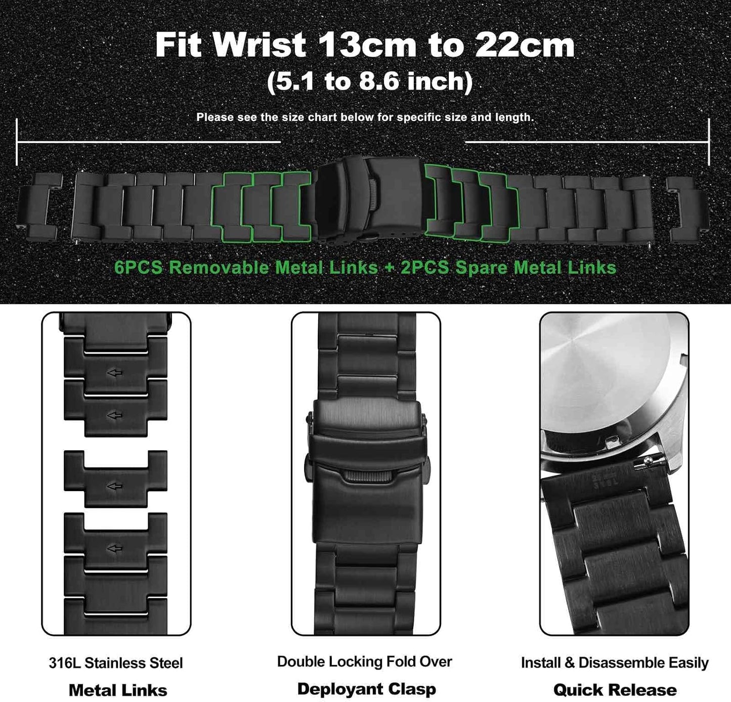 HOTWOCCI 22mm Heavy-duty Metal Watch Band for Men, 316L Stainless Steel, Double Locking Deployant Clasp (Black)