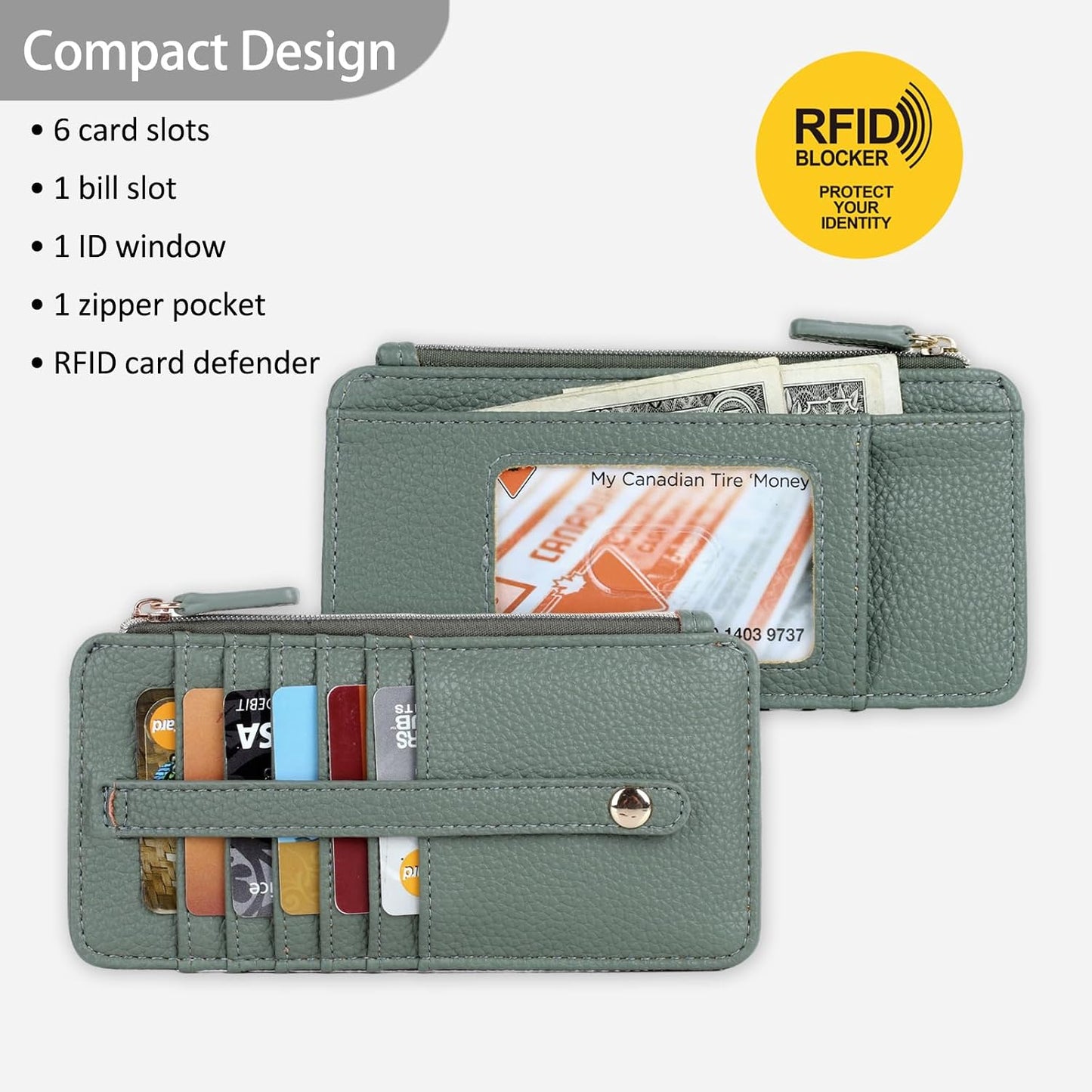 HOTJulia Buxton Vegan Leather Thin Card Case for Women with RFID Blocking, Compact Wallet with 6 Card Slots, ID Window & Zipper Pocket, Ideal Gift, Classic Sage