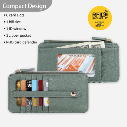 HOTJulia Buxton Vegan Leather Thin Card Case for Women with RFID Blocking, Compact Wallet with 6 Card Slots, ID Window & Zipper Pocket, Ideal Gift, Classic Sage