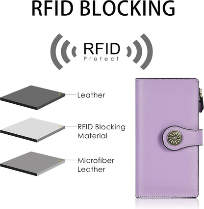 HOTTravelambo Wallets Women RFID Large Capacity Luxury Waxed Leather Clutch Wallet Multi Card Organizer (Light Purple + Blue)