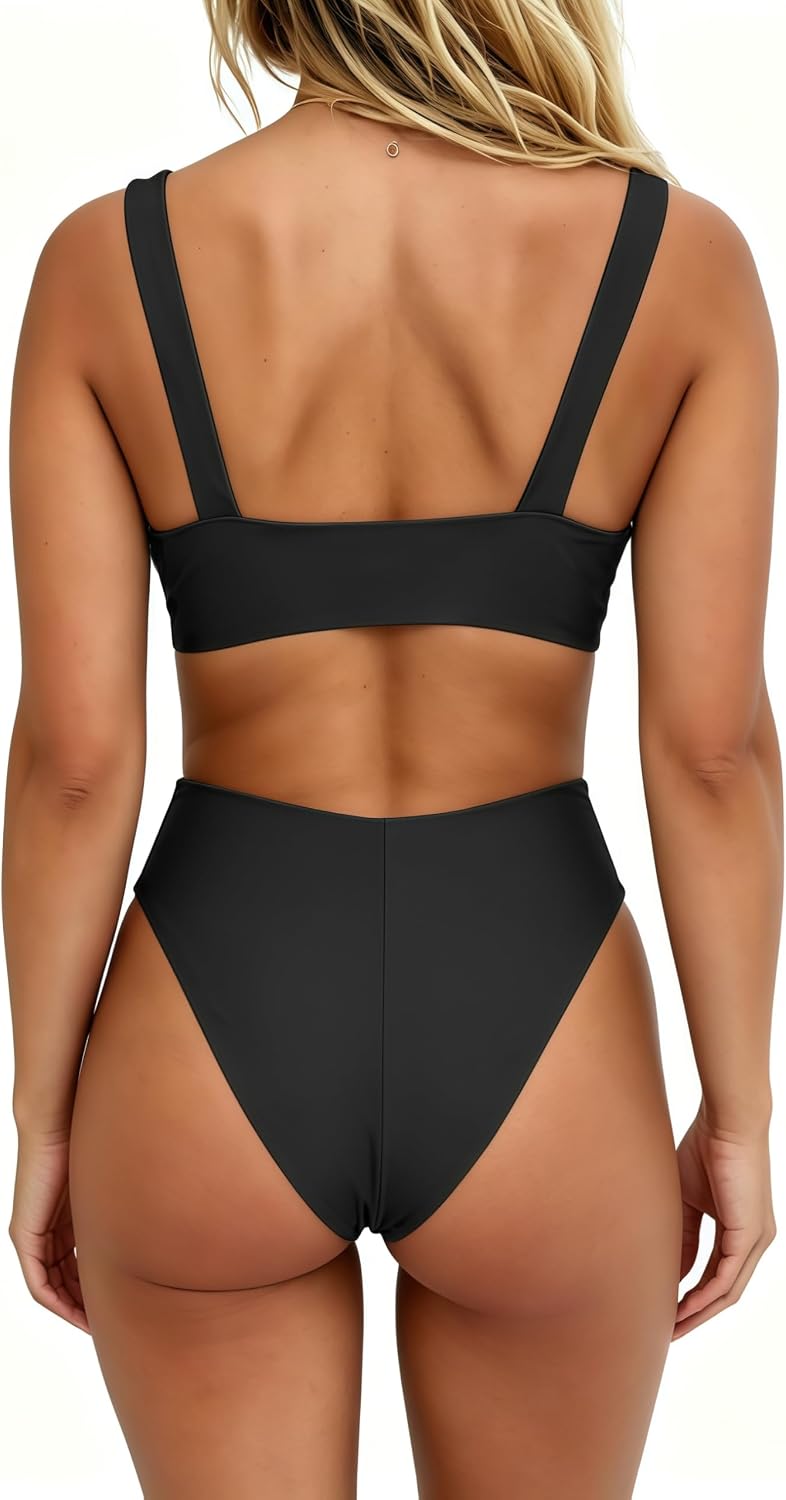 HOTgeluboao Bikini Set for Women Solid V Neck Knot Front Push Up High Leg Thong Two Piece Swimsuit