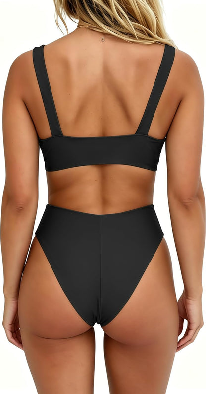 HOTgeluboao Bikini Set for Women Solid V Neck Knot Front Push Up High Leg Thong Two Piece Swimsuit