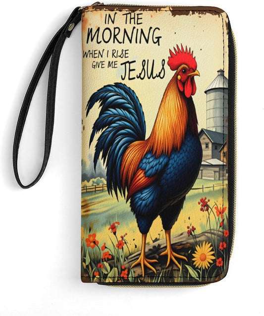 HOTVintage Rooster Chicken Wallet Women Large Capacity Clutch Purse Wristlet with Phone Pocket, Card Holder & Zipper Coin Compartment