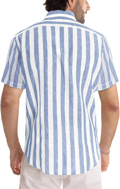HOTJMIERR Men's Casual Stylish Short Sleeve Button-Up Striped Dress Shirt Cotton Beach Shirts