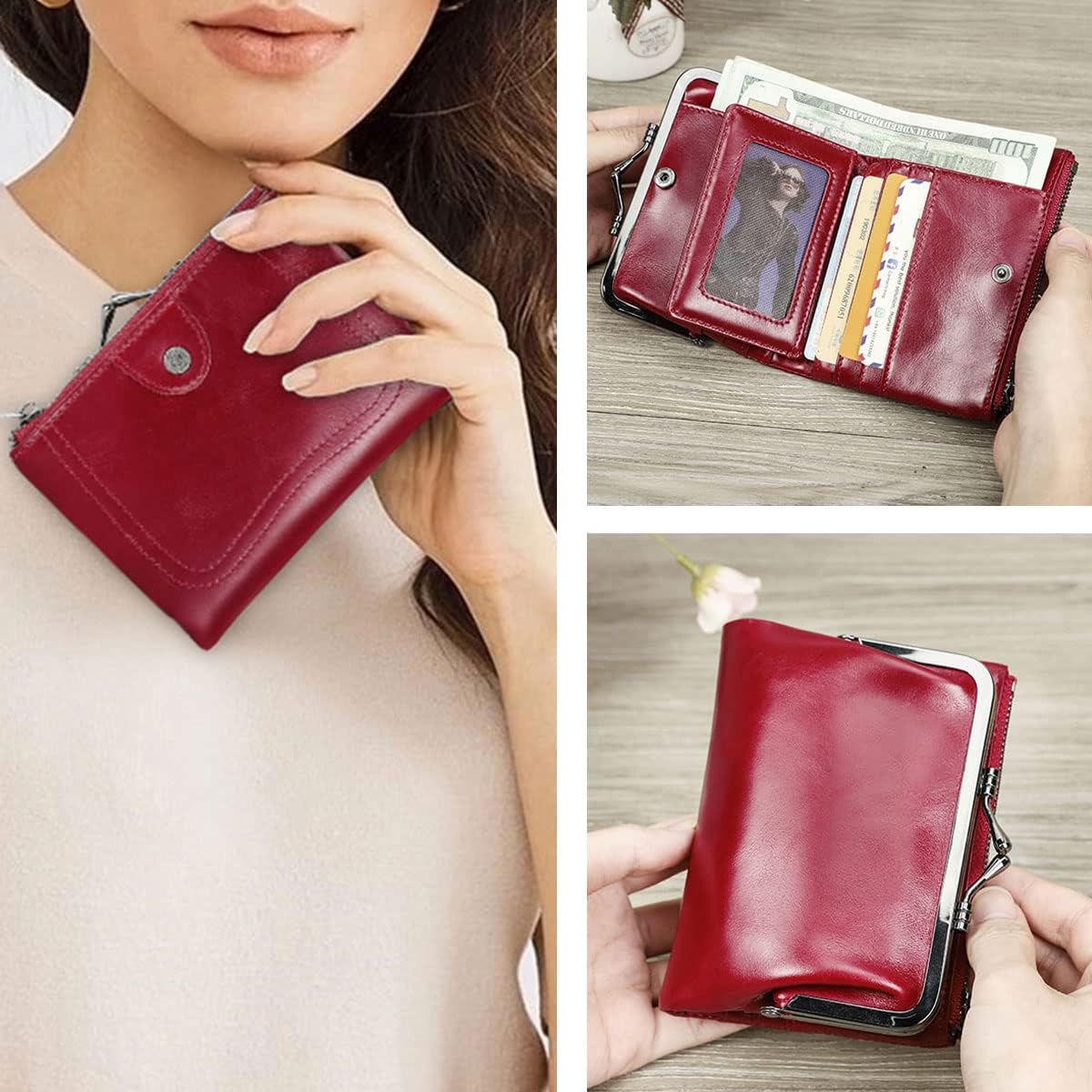 HOTCONTACTS Womens Kiss Lock Wallet Leather Small Zipper Coin Purse Red Bifold Rfid Clasp Wallet Card Holder with Photo Window