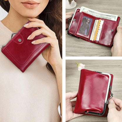 HOTCONTACTS Womens Kiss Lock Wallet Leather Small Zipper Coin Purse Red Bifold Rfid Clasp Wallet Card Holder with Photo Window