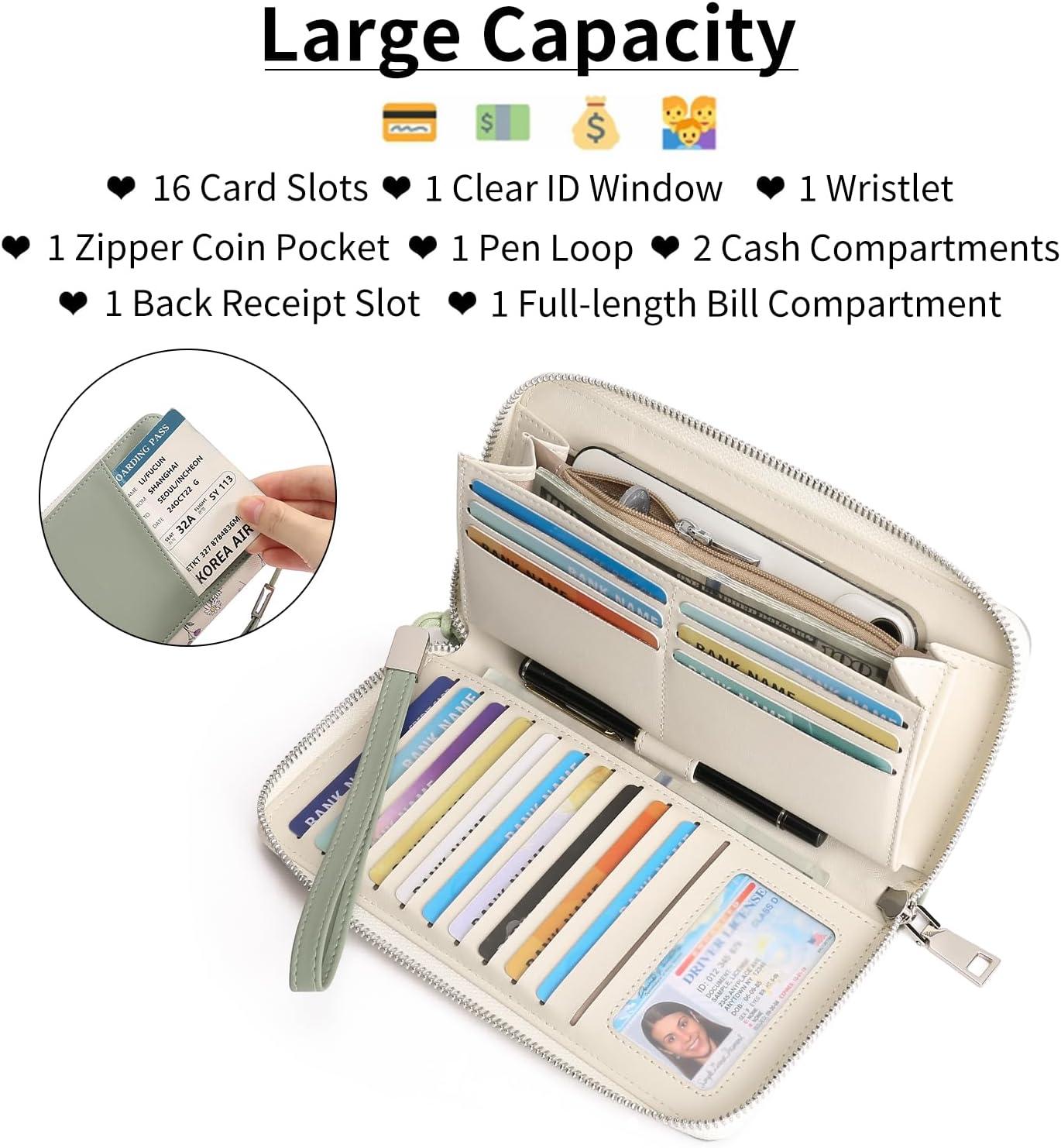 HOTGAEKEAO Wristlet Wallets for Women RFID Blocking Large Capacity Clutch Wallet Vegan Leather Zip Around Ladies Long Purse