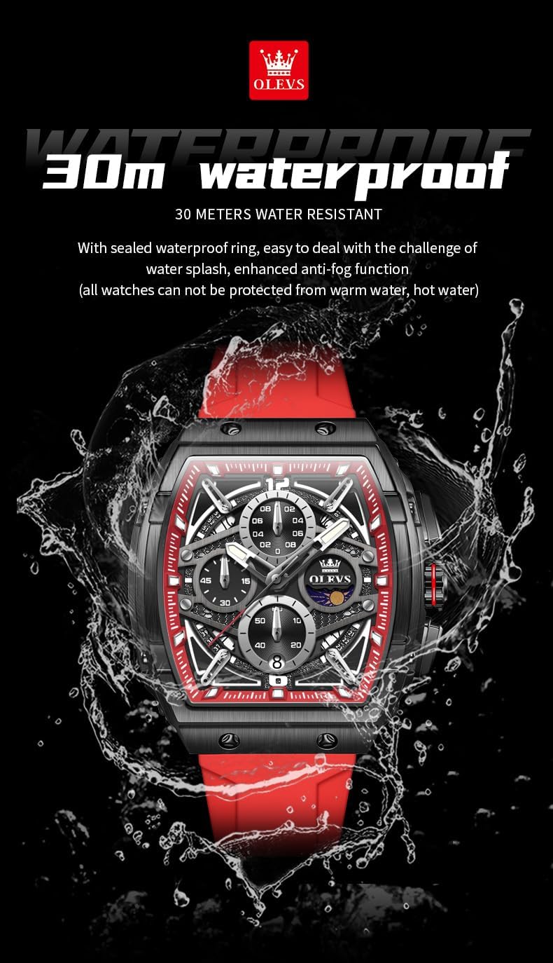 HOTOLEVS Men Watches Business Dress Chronograph Big Square Quartz Analog Male Watch Silicone Strap Waterproof Date Gift Mens Wrsit Watch Silver