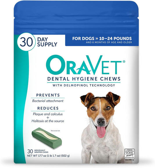 HOTORAVET Dental Chews for Dogs, Oral Care and Hygiene Chews (Small Dogs, 10-24 lbs.) Blue Pouch, 30 Count | VOHC-accepted dual-action chew reduces plaque & tartar, freshens breath barrier vet-recommended blue pack