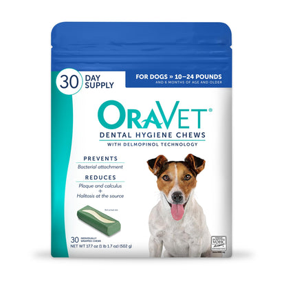 HOTORAVET Dental Chews for Dogs, Oral Care and Hygiene Chews (Small Dogs, 10-24 lbs.) Blue Pouch, 30 Count | VOHC-accepted dual-action chew reduces plaque & tartar, freshens breath barrier vet-recommended blue pack