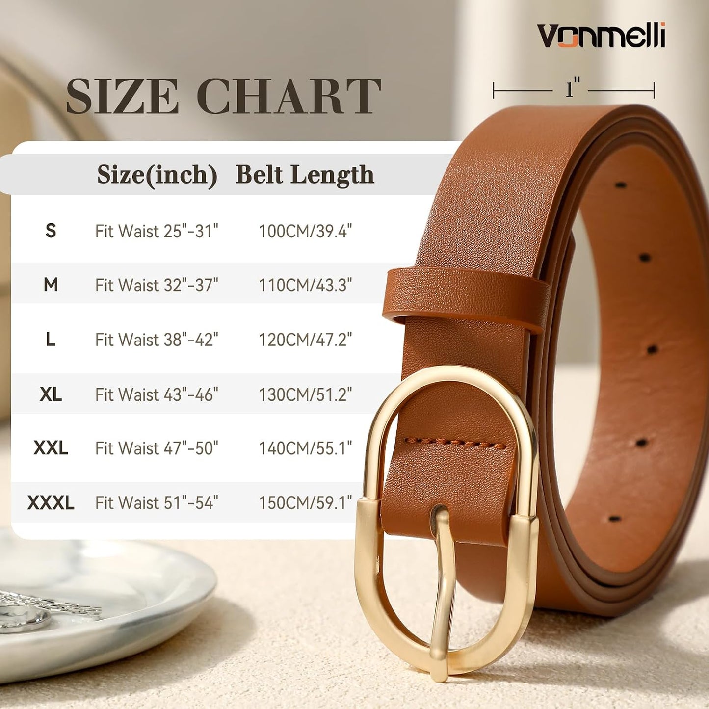HOTVONMELLI 3 Pack Women's Belts for Jeans Pants Fashion Gold Buckle Ladies Dress Belt