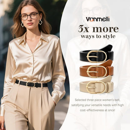 HOTVONMELLI 3 Pack Women's Belts for Jeans Pants Fashion Gold Buckle Ladies Dress Belt