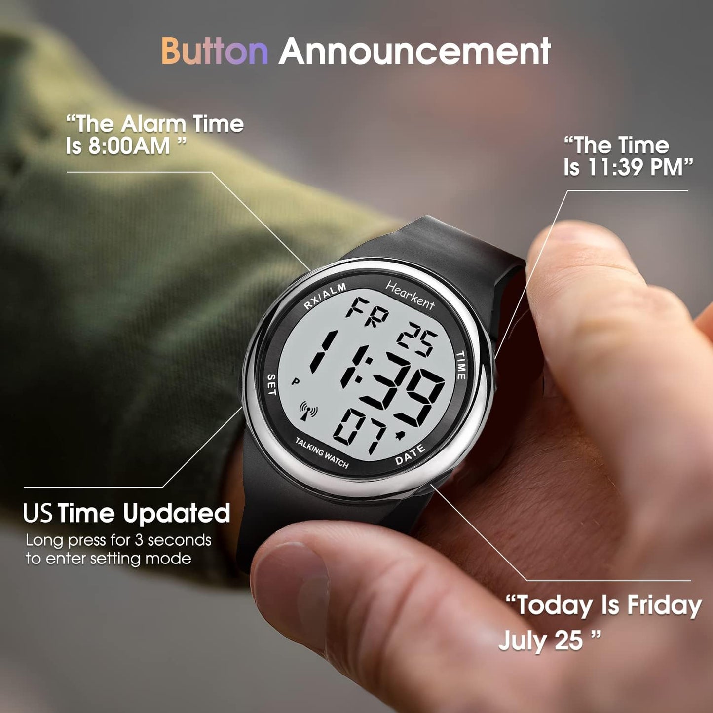 HOTHearkent Atomic Talking Watch Sets Itself for Visually impaired or Seniors LCD Big Number Easy-to-Read Talking Watch for Elderly