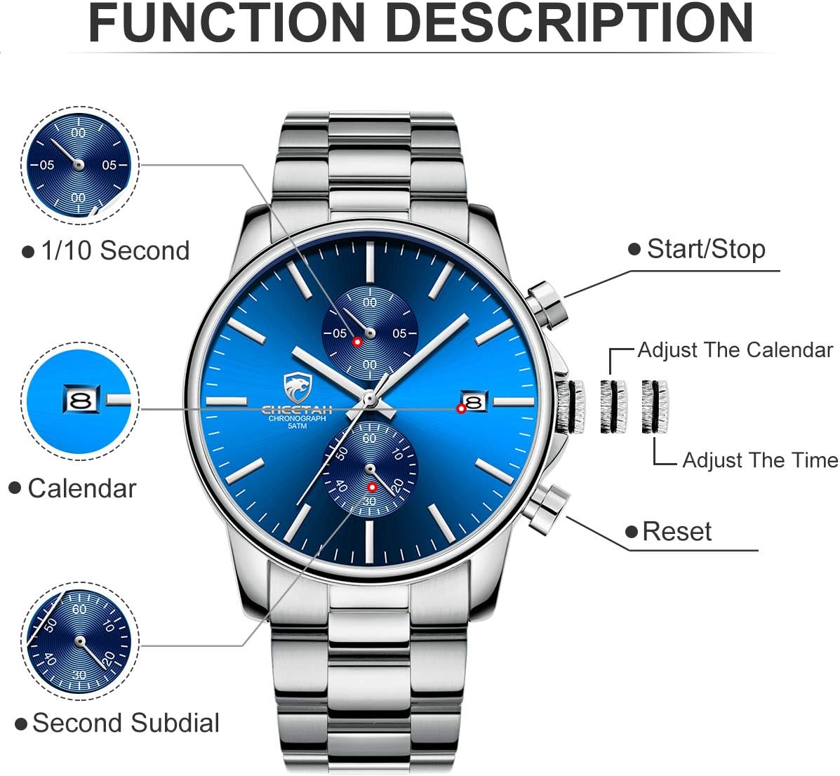 HOTGOLDEN HOUR Fashion Business Mens Watches with Stainless Steel Waterproof Chronograph Quartz Watch for Men, Auto Date
