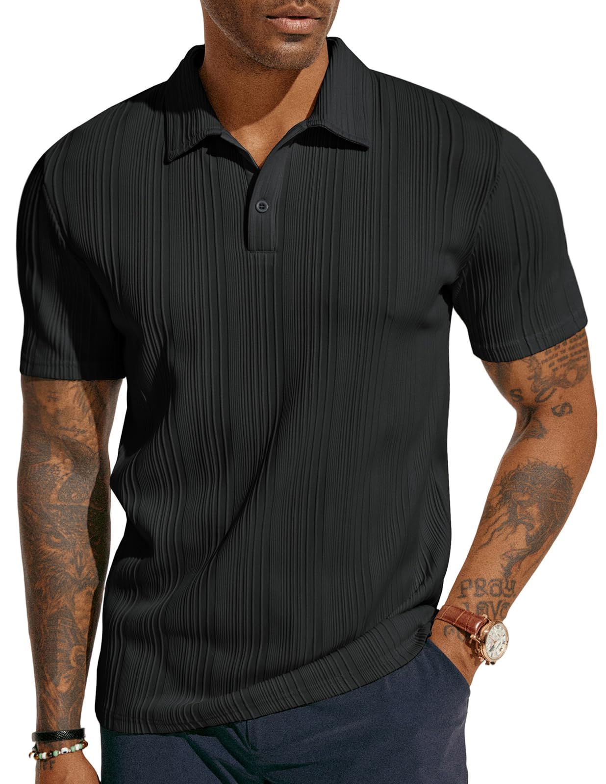 HOTPJ PAUL JONES Mens Polo Shirts Textured Knit Polo Stretchy Regular Fit Collared Golf Shirts