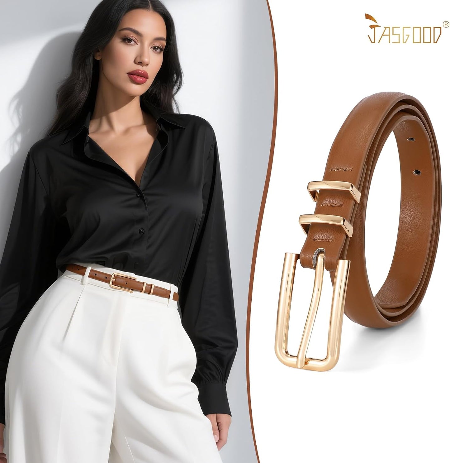 HOTJASGOOD Women's Skinny PU Leather Belt Thin Waist Belt with Gold Buckle for Jeans Pants Dresses 0.7