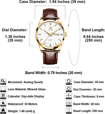 HOTQBAIZI Men's Casual Leather Watch, Easy to Read Three-Hand Analog Stainless Steel Watches for Men, Minimalist Day Date Waterproof Luminous Mens Quartz Wristwatch