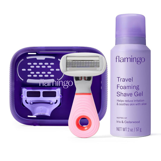 HOTFlamingo Travel Razor Kit for Women - Body & Pubic Razor - Mini Handle, 2 Blade Refills, 1 Travel Size Foaming Shave Gel & Vented Case - TSA Approved Essentials