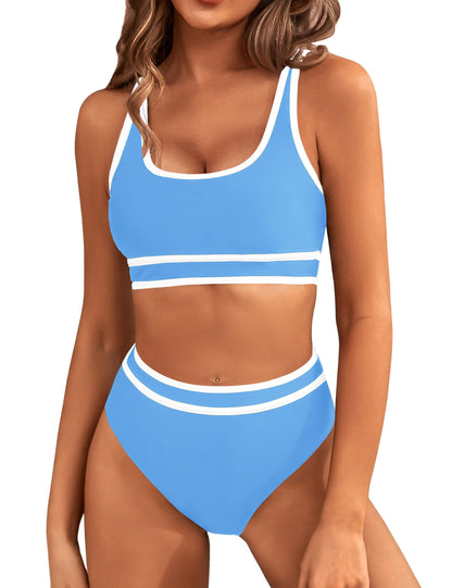 HOTBMJL Women's High Waisted Bikini Sets Sporty Two Piece Swimsuits Color Block Tummy Control Modest Bathing Suit