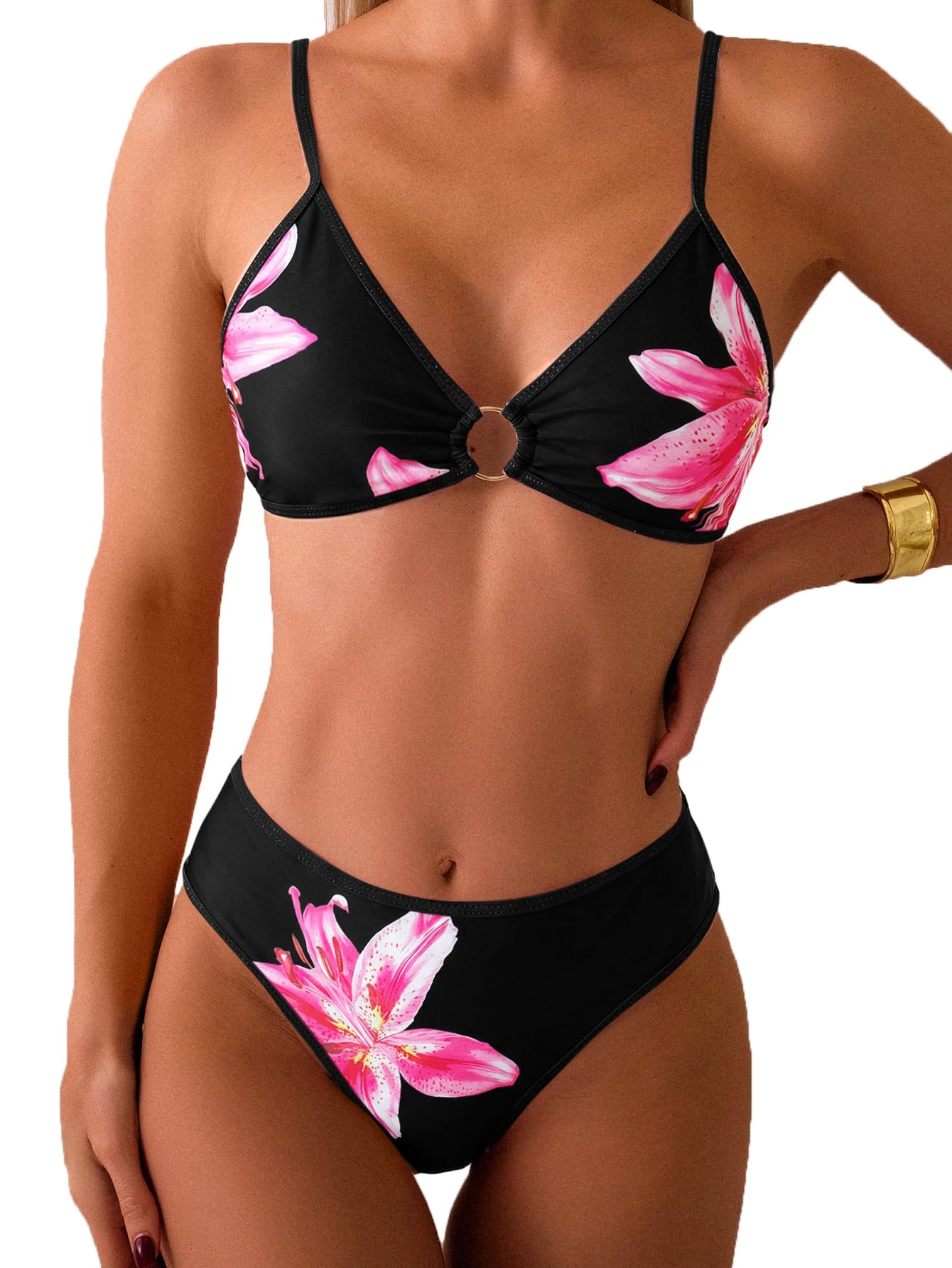 HOTTainehs Women's Two Piece Bikini Sets O Ring Front Top Ditsy Floral Triangle Swimsuits Cheeky Bathing Suit