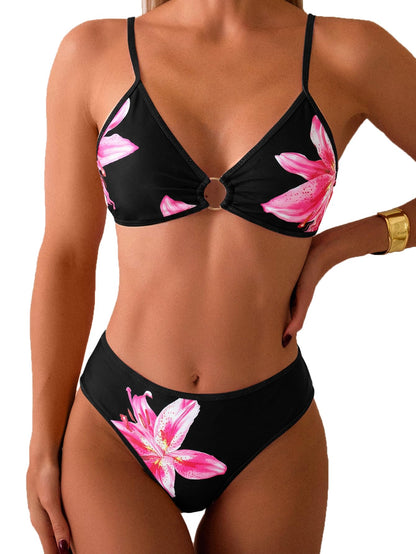 HOTTainehs Women's Two Piece Bikini Sets O Ring Front Top Ditsy Floral Triangle Swimsuits Cheeky Bathing Suit