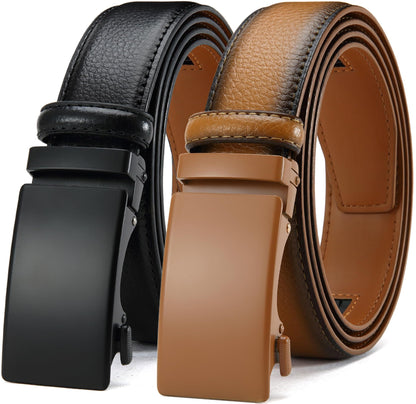 HOTDOOPAI Men's Leather Ratchet Belts 2 Pack Adjustable Click Belt Set for Dress & Casual, Custom Fit 1 3/8" (35mm) -Trim to Fit