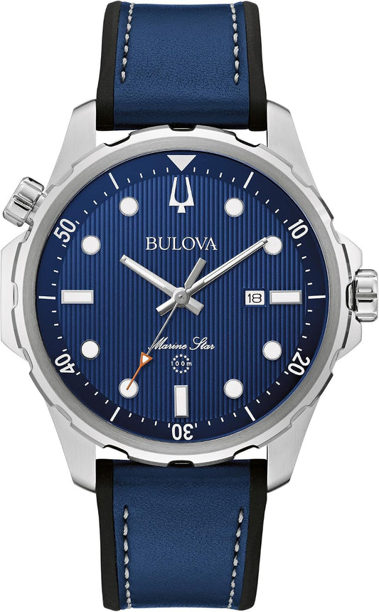 HOTBulova Men's Marine Star Quartz Silver Stainless Steel Watch, Leather and Silicone Strap, 100M Water Resistant, 43mm