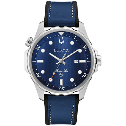 HOTBulova Men's Marine Star Quartz Silver Stainless Steel Watch, Leather and Silicone Strap, 100M Water Resistant, 43mm