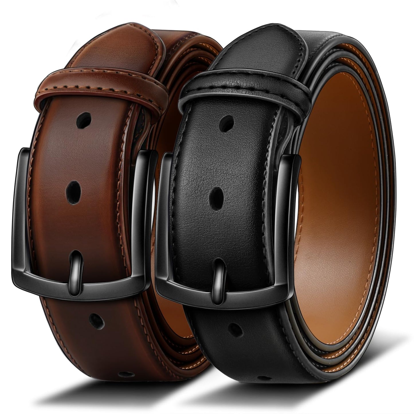 HOTBULLIANT 2-Pack Leather Belt for Men 1 3/8"-7 Eyelets-Gift Boxed | 7 Grommets Adjustable Range | Versatile for Golf Dress Casual Jeans