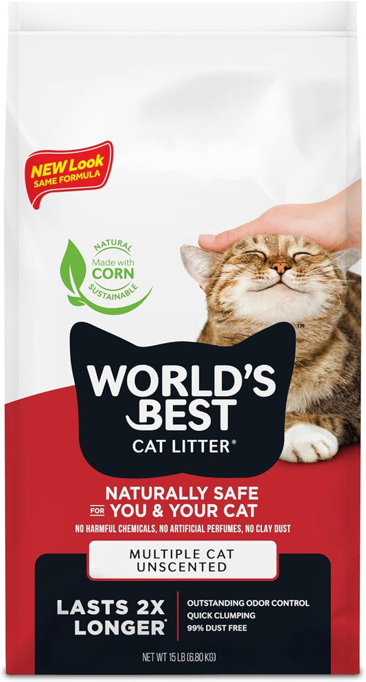 HOTWorld's Best Cat Litter, Multiple Cat, Unscented, Odor Control, 15 lb Bag | Controls tough multi-cat odors and lasts 2x longer; natural corn litter, quick clumping, flushable, 99% dust free