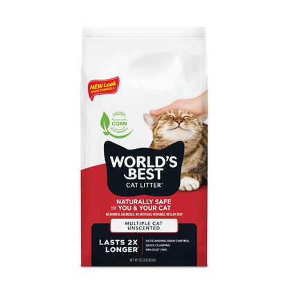 HOTWorld's Best Cat Litter, Multiple Cat, Unscented, Odor Control, 15 lb Bag | Controls tough multi-cat odors and lasts 2x longer; natural corn litter, quick clumping, flushable, 99% dust free