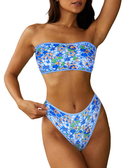 HOTZAFUL Women Strapless Bandeau Bikini 2 Piece Swimwear Lace up Bathing Suits | Strapless Textured Bikini Set Cheeky Solid Bandeau Bathing Suits